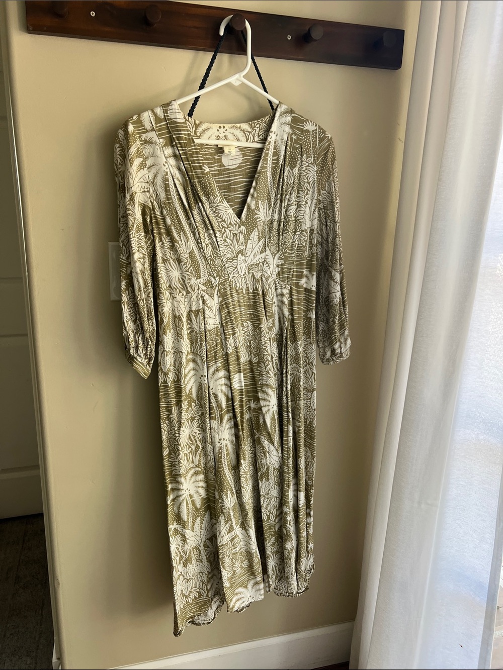 H&M Olive Green and White Botanical V-Neck Midi Dress